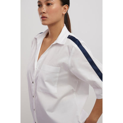 Pallavi Swadi White Navy Ribbon Shirt