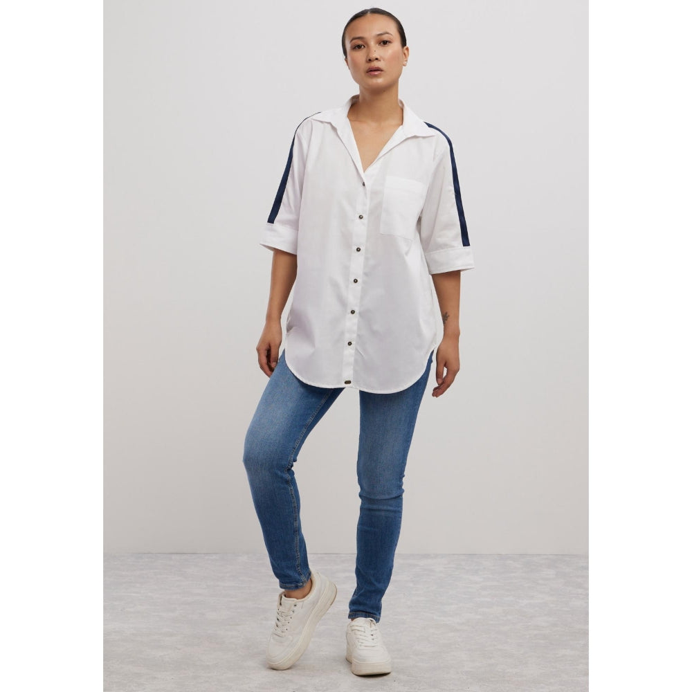 Pallavi Swadi White Navy Ribbon Shirt