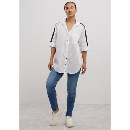Pallavi Swadi White Navy Ribbon Shirt