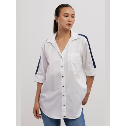Pallavi Swadi White Navy Ribbon Shirt