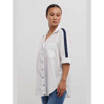 Pallavi Swadi White Navy Ribbon Shirt