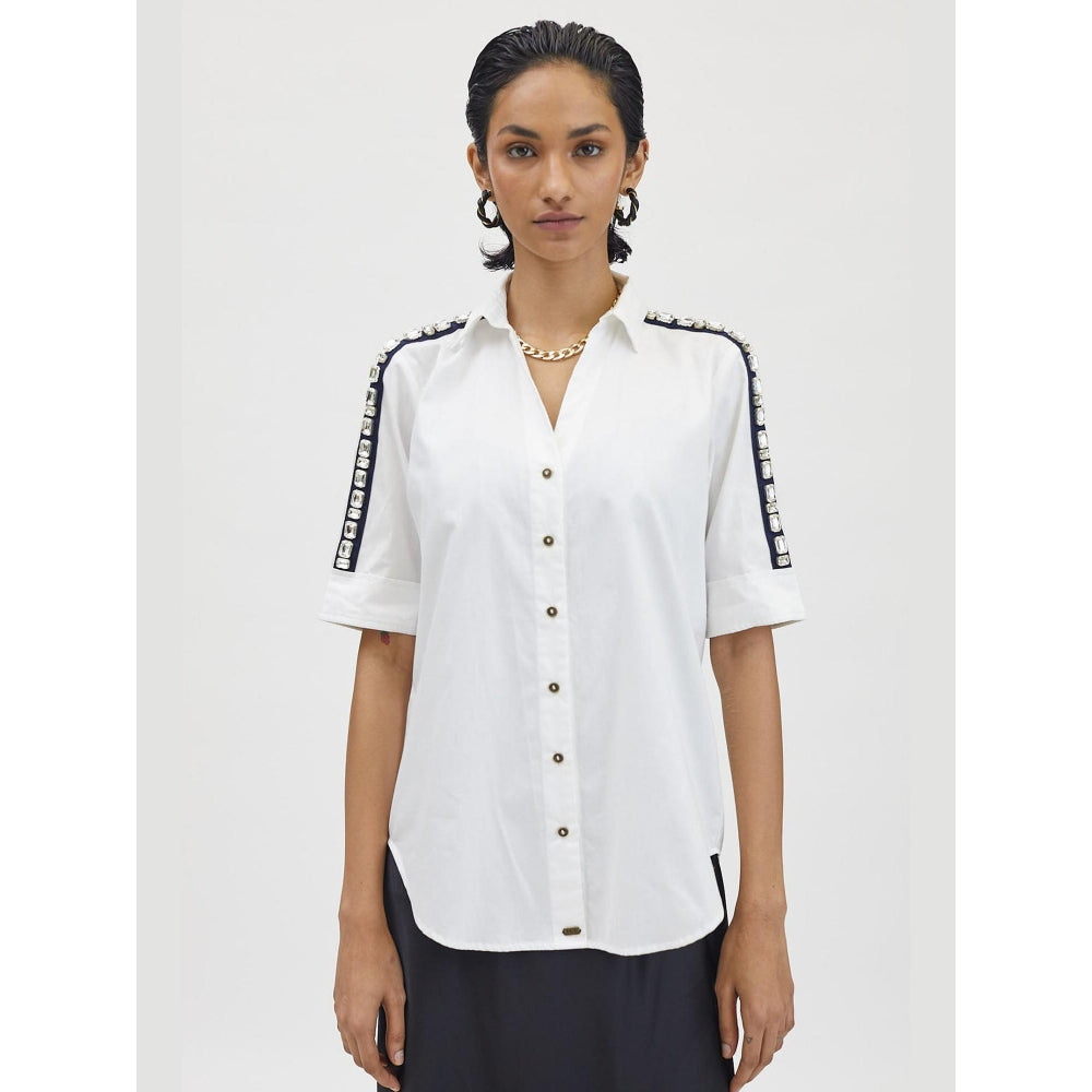 Pallavi Swadi White Rectangle Swarovski Ribbon Shirt