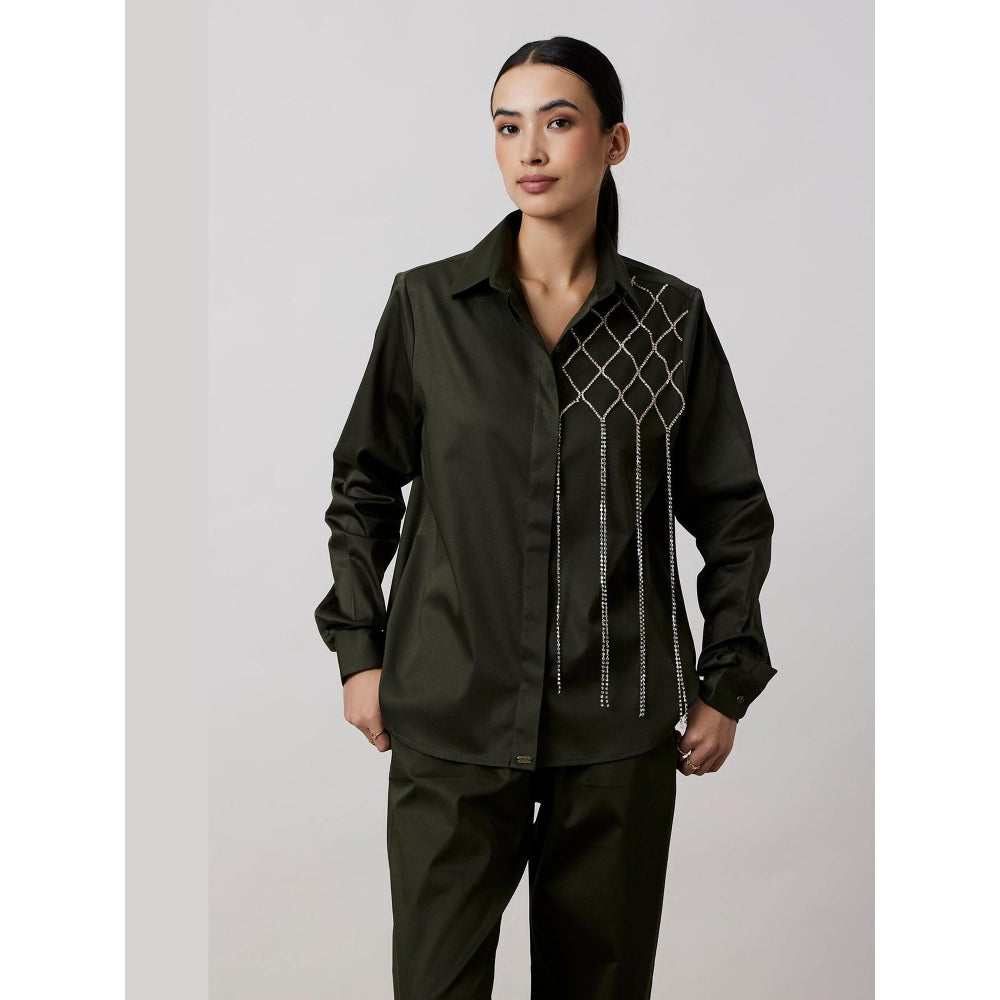 Pallavi Swadi Olive Fringe Swarovski Shirt