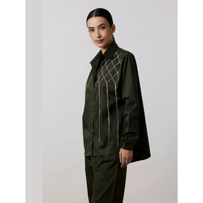 Pallavi Swadi Olive Fringe Swarovski Shirt
