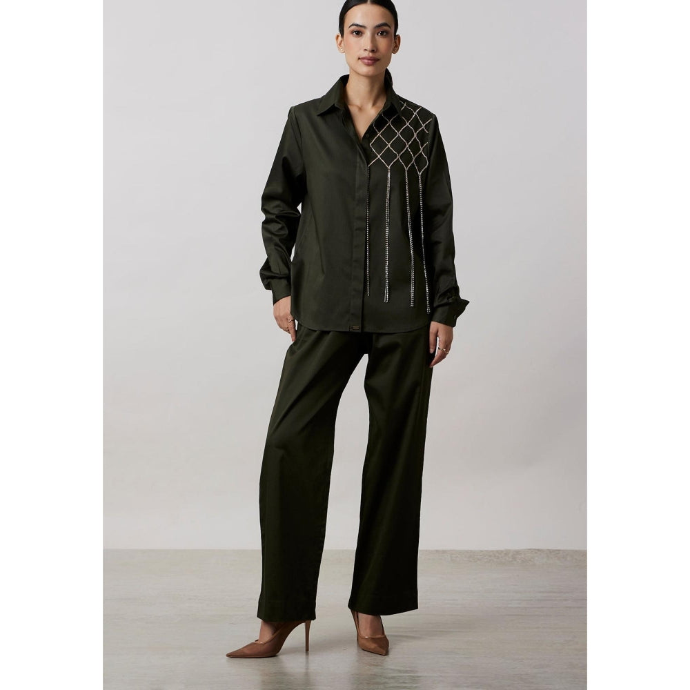 Pallavi Swadi Olive Fringe Swarovski Shirt