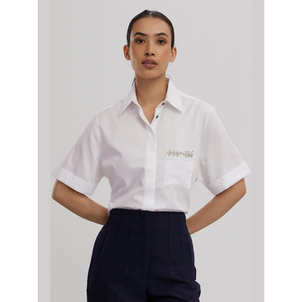 Pallavi Swadi White Swarovski Flower Strip Shirt