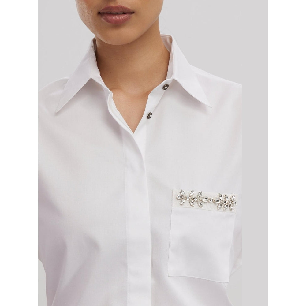 Pallavi Swadi White Swarovski Flower Strip Shirt
