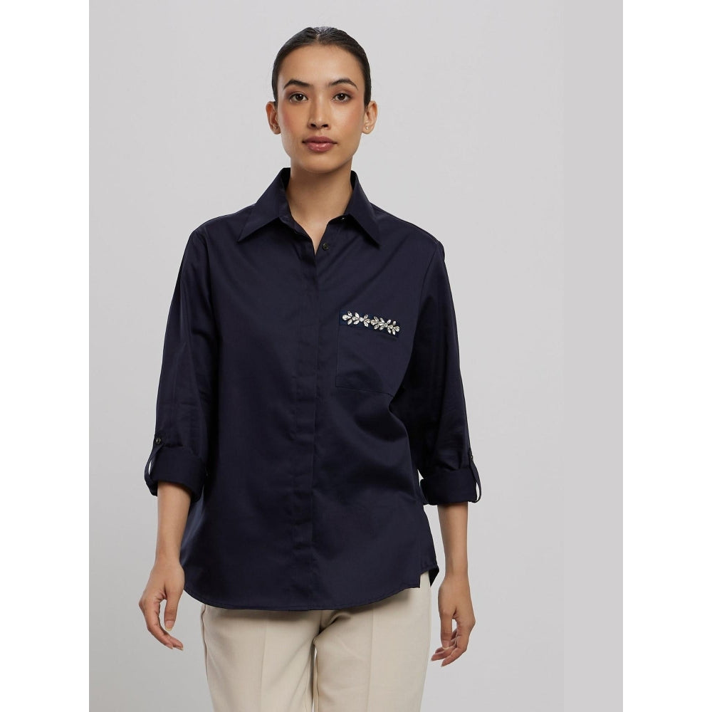 Pallavi Swadi Navy Swarovski Flower Strip Shirt