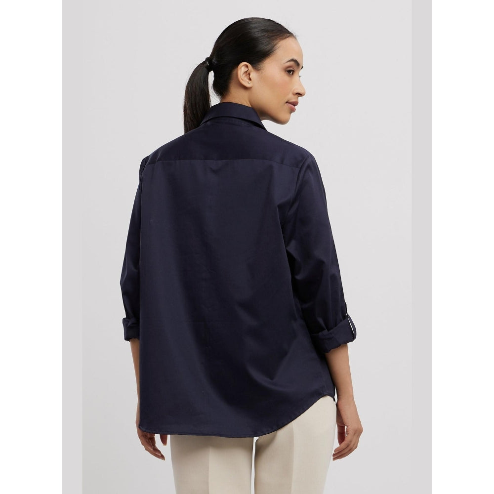 Pallavi Swadi Navy Swarovski Flower Strip Shirt