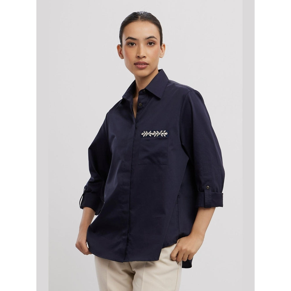 Pallavi Swadi Navy Swarovski Flower Strip Shirt