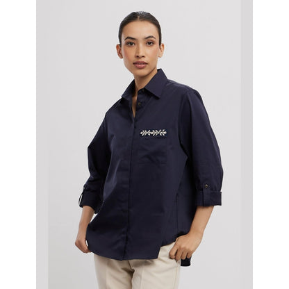 Pallavi Swadi Navy Swarovski Flower Strip Shirt