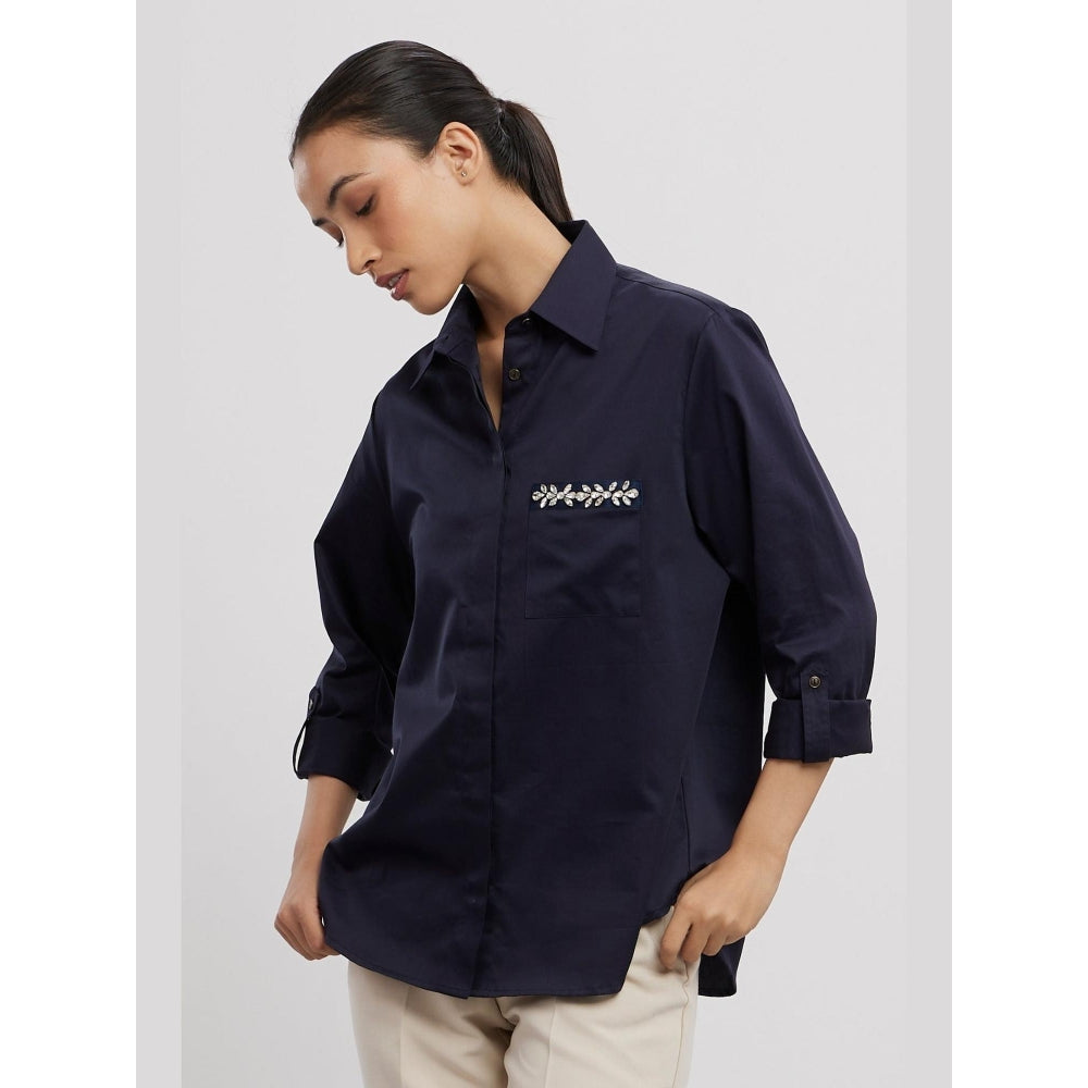Pallavi Swadi Navy Swarovski Flower Strip Shirt
