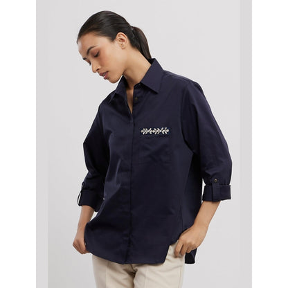 Pallavi Swadi Navy Swarovski Flower Strip Shirt