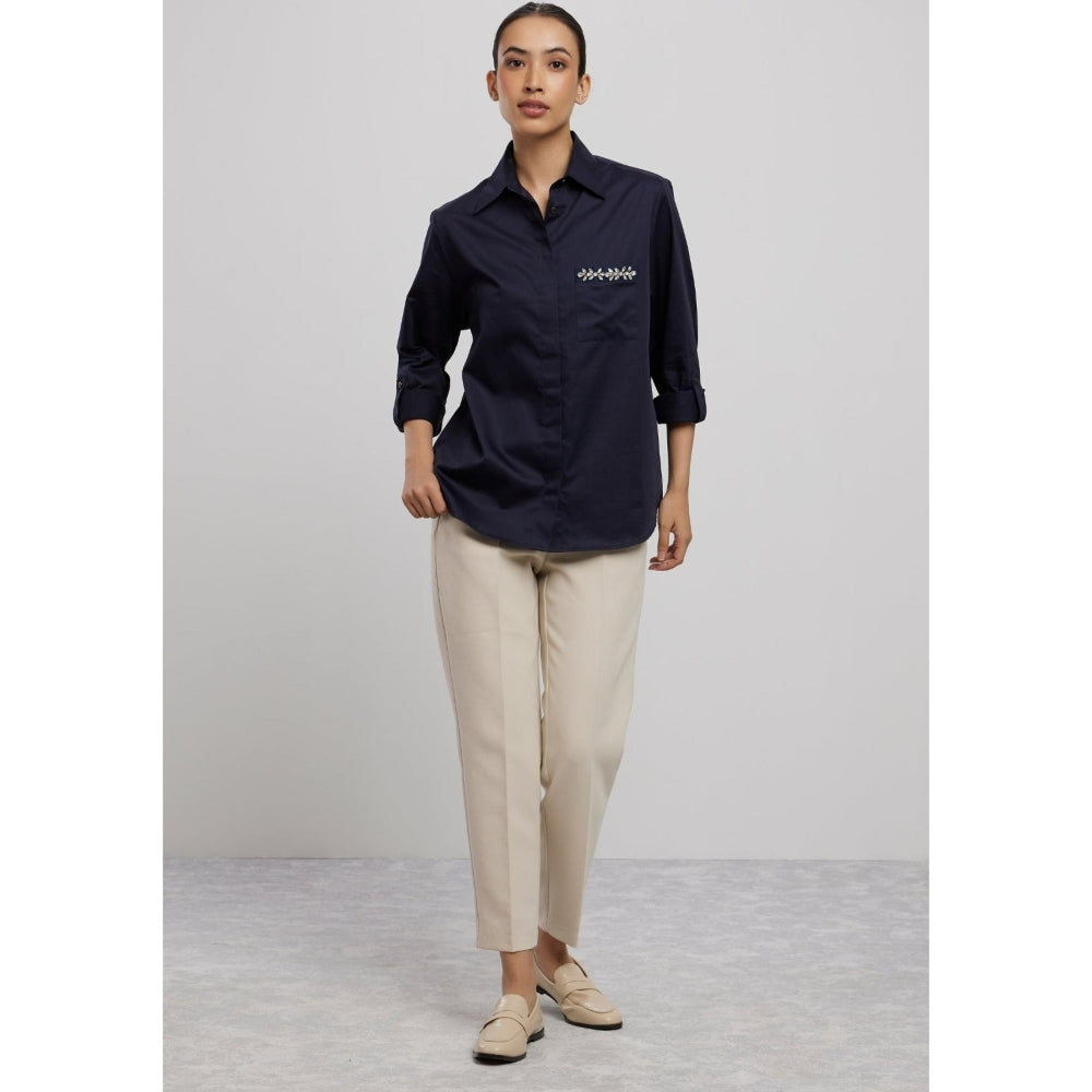 Pallavi Swadi Navy Swarovski Flower Strip Shirt
