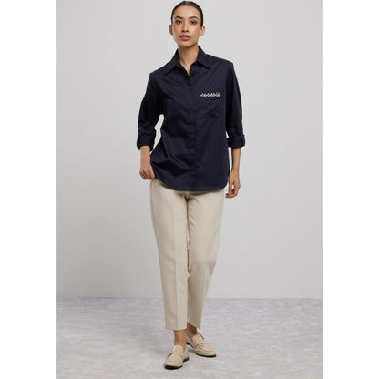 Pallavi Swadi Navy Swarovski Flower Strip Shirt