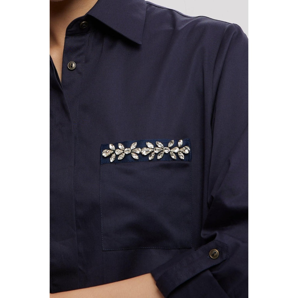 Pallavi Swadi Navy Swarovski Flower Strip Shirt