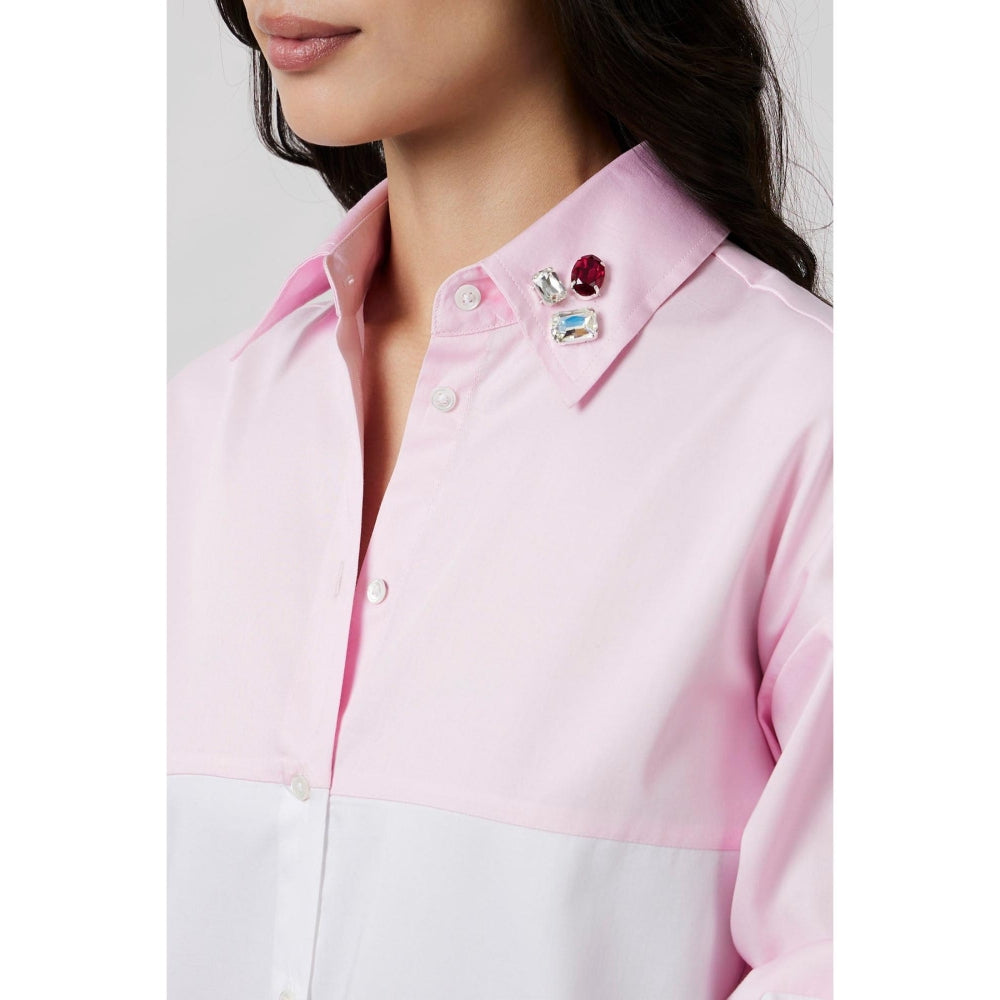Pallavi Swadi Pastel Pink Block Shirt with Swarovski Collar