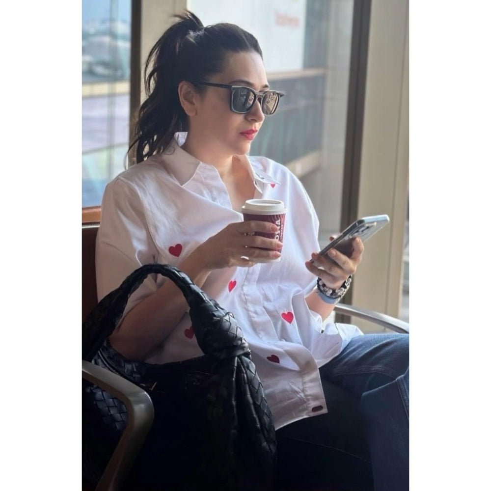 Pallavi Swadi Karishma Kapoor In White Red Heart Embroidered Shirt