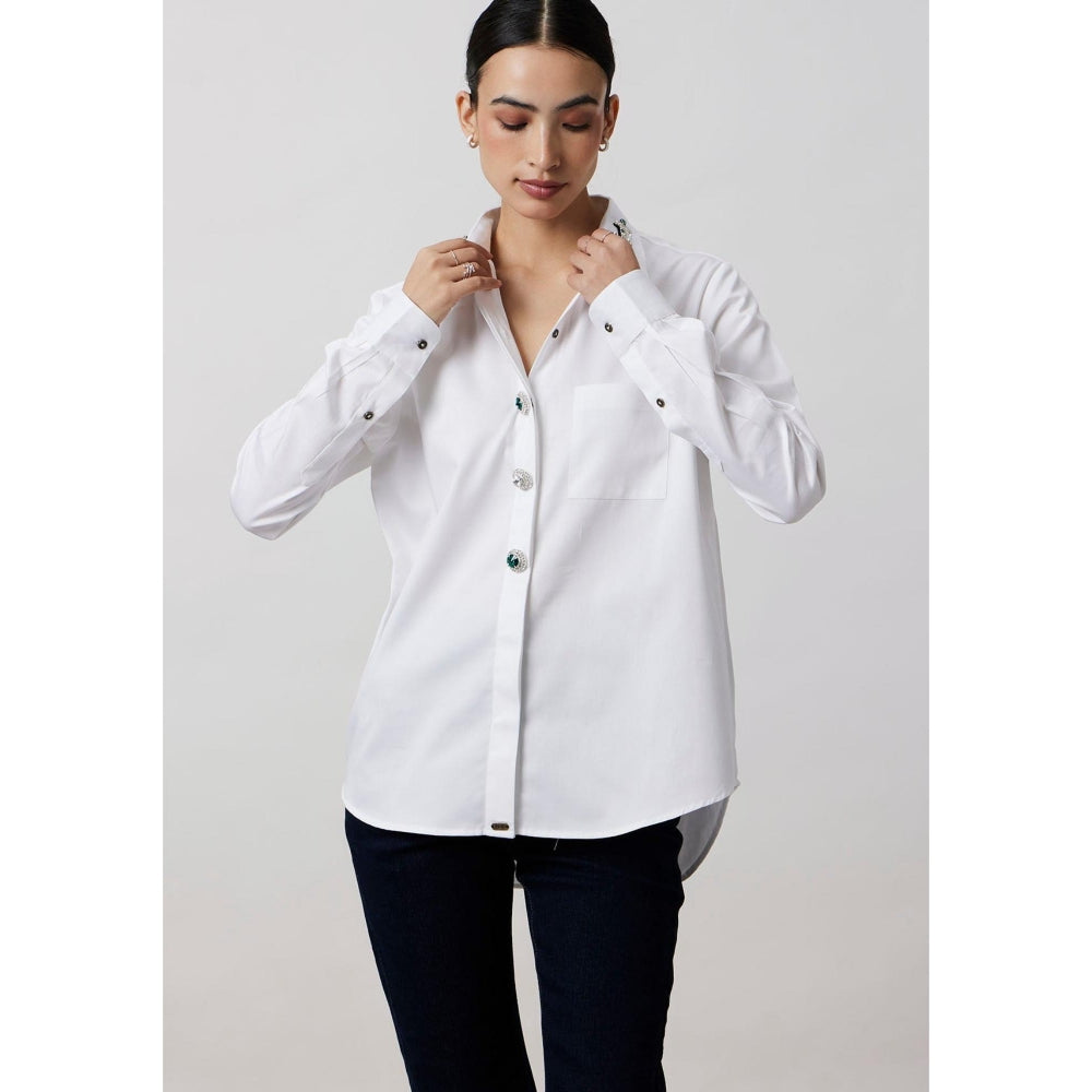 Pallavi Swadi White Emerald Swarovski Button Collar Shirt