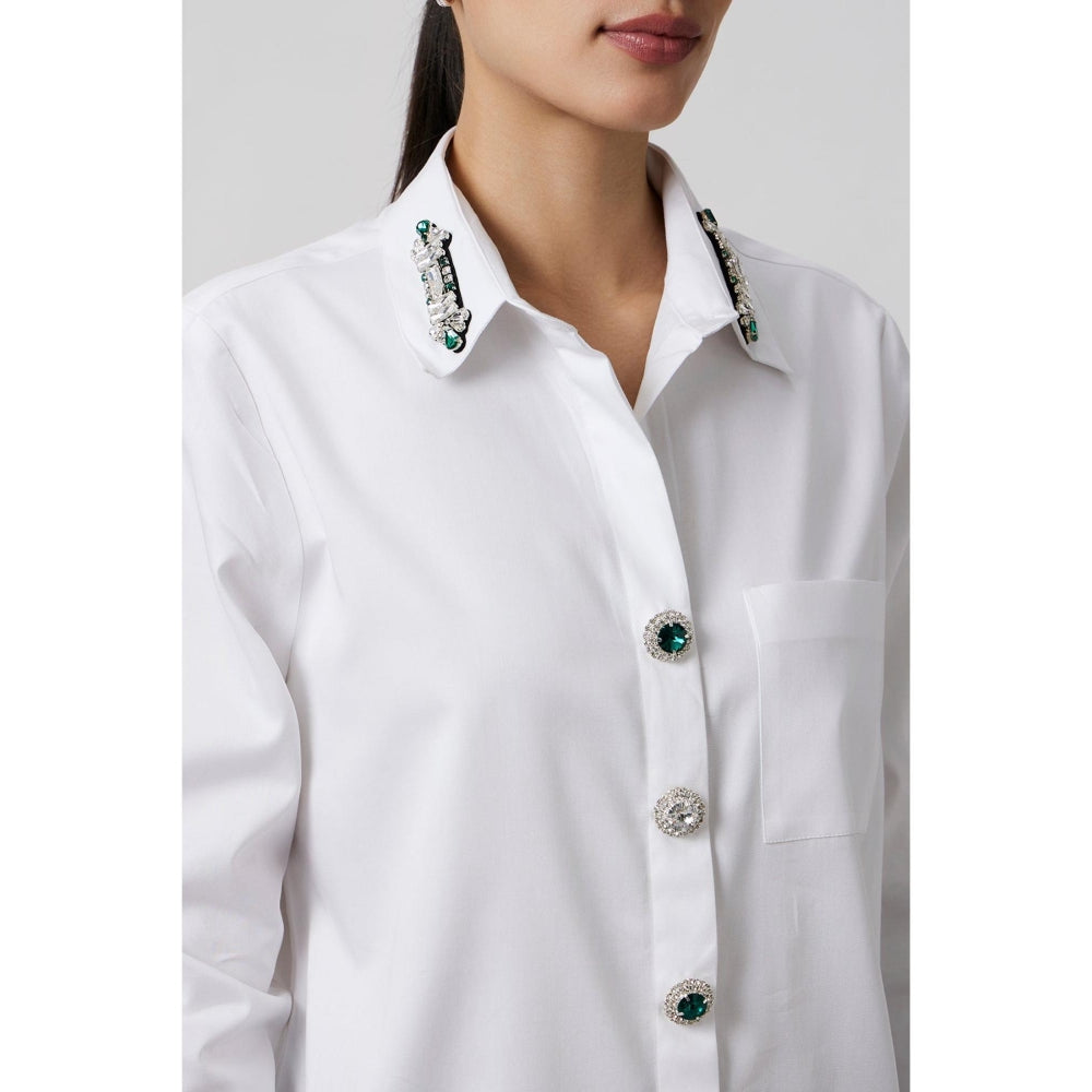 Pallavi Swadi White Emerald Swarovski Button Collar Shirt