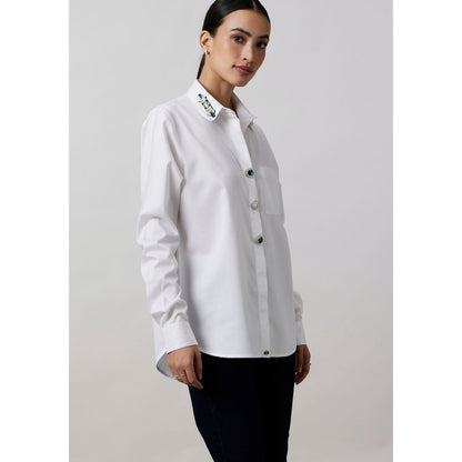 Pallavi Swadi White Emerald Swarovski Button Collar Shirt