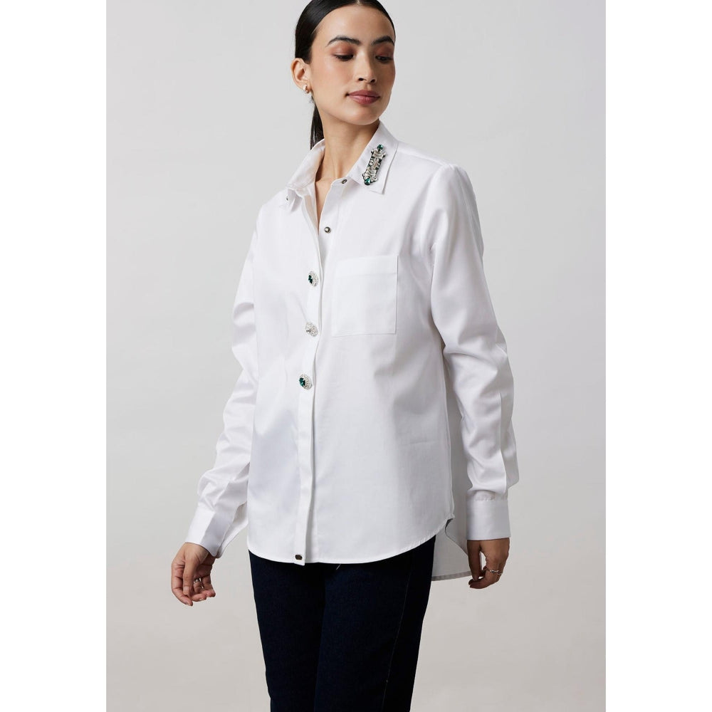 Pallavi Swadi White Emerald Swarovski Button Collar Shirt