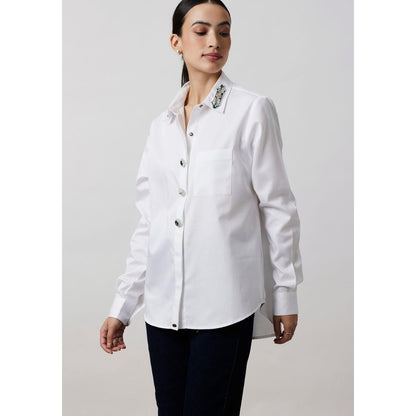 Pallavi Swadi White Emerald Swarovski Button Collar Shirt