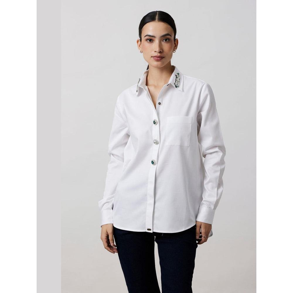 Pallavi Swadi White Emerald Swarovski Button Collar Shirt