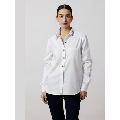 Pallavi Swadi White Emerald Swarovski Button Collar Shirt