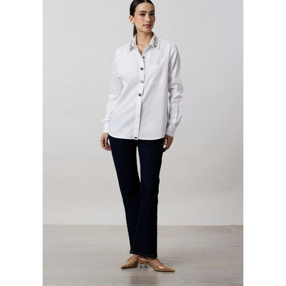 Pallavi Swadi White Emerald Swarovski Button Collar Shirt