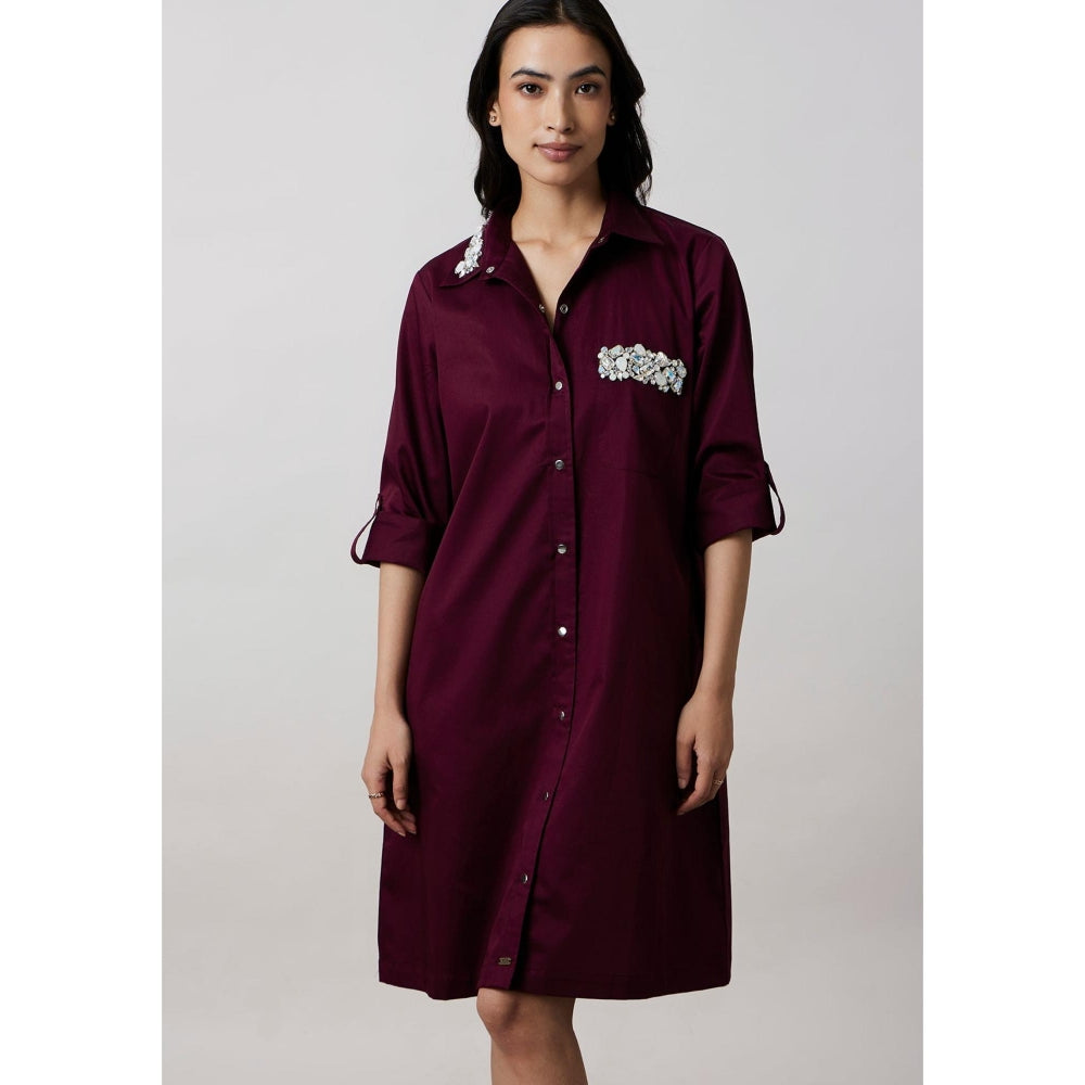 Pallavi Swadi Burgundy Collar Pocket Swarovski Shirt Dress