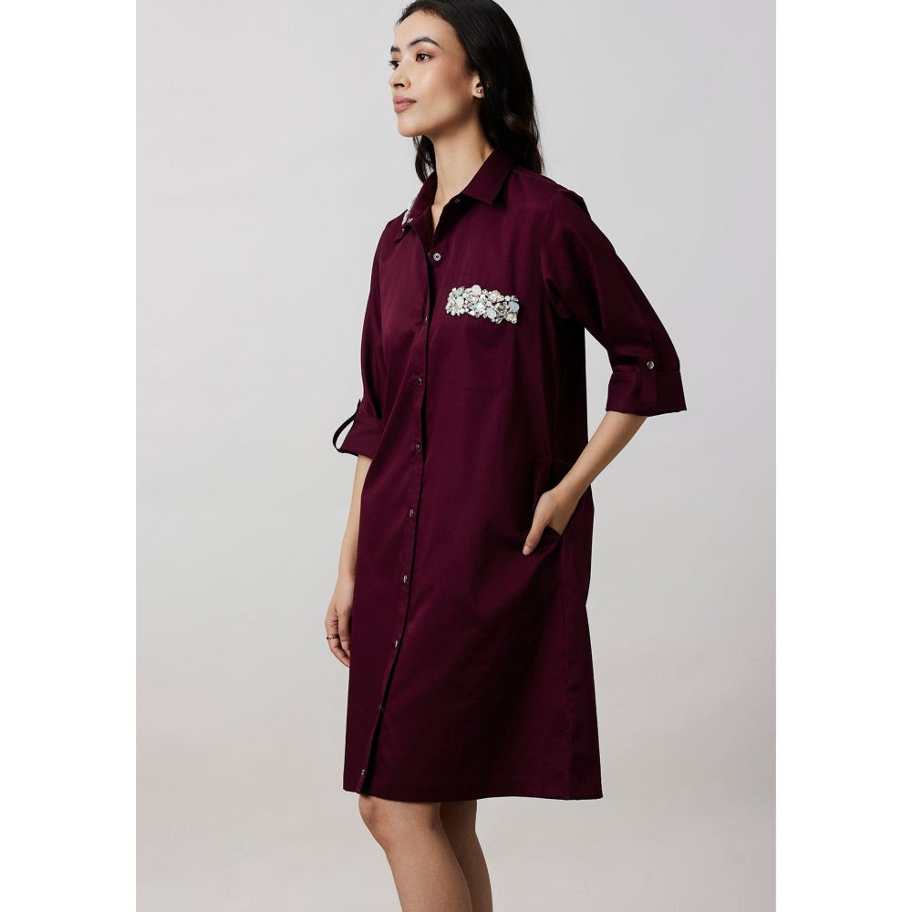 Pallavi Swadi Burgundy Collar Pocket Swarovski Shirt Dress