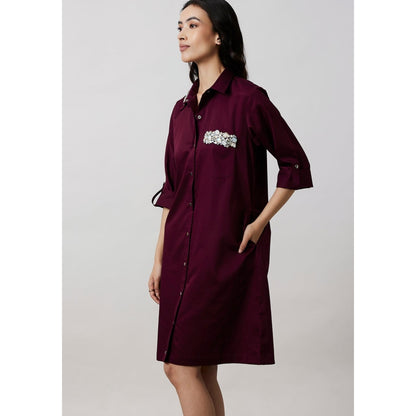Pallavi Swadi Burgundy Collar Pocket Swarovski Shirt Dress