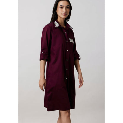Pallavi Swadi Burgundy Collar Pocket Swarovski Shirt Dress