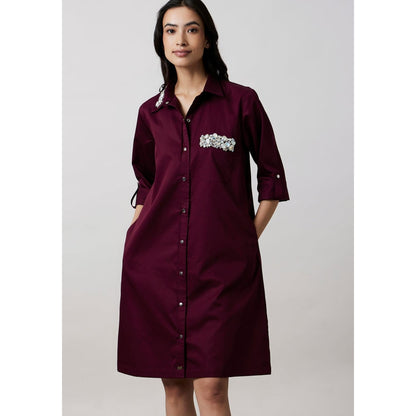 Pallavi Swadi Burgundy Collar Pocket Swarovski Shirt Dress