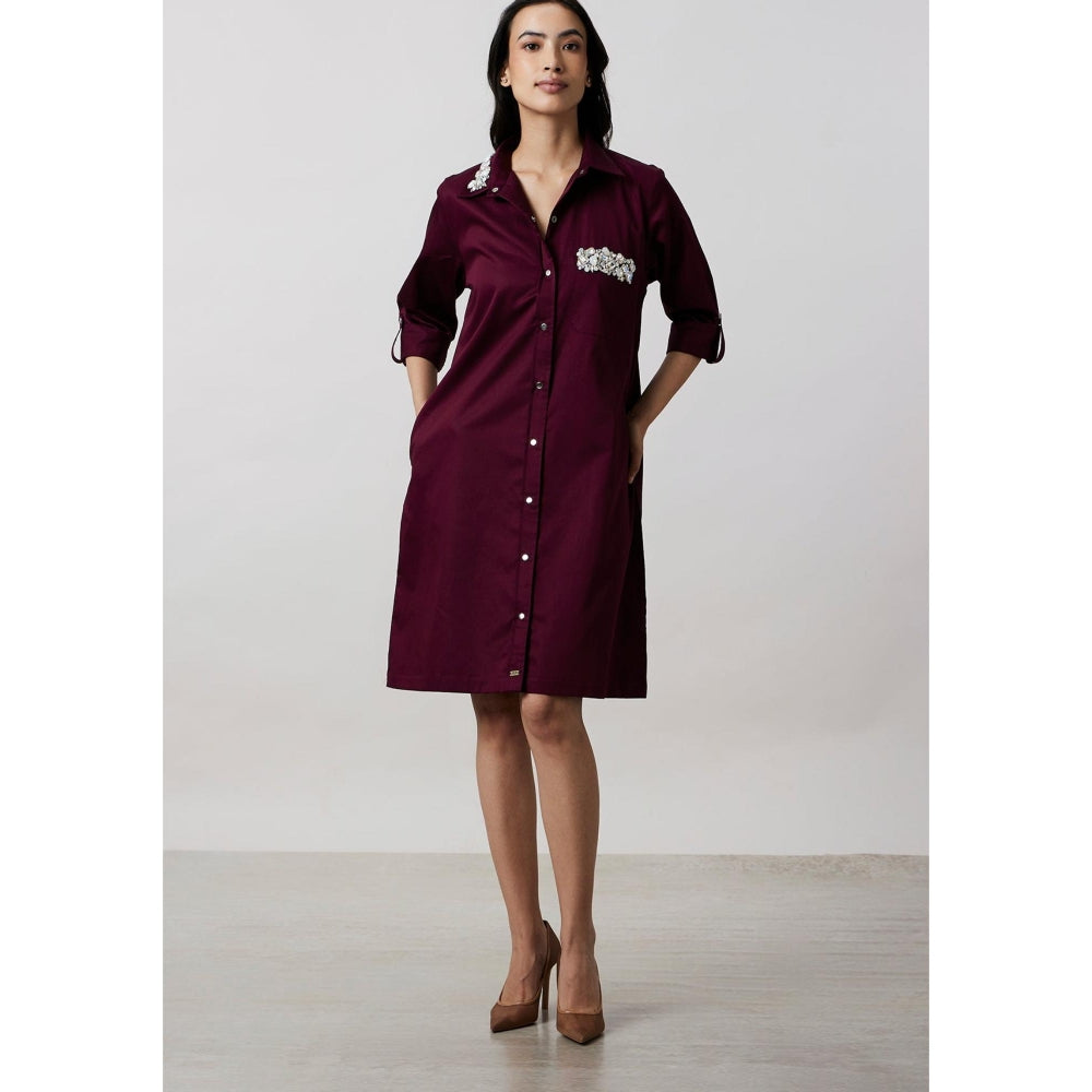 Pallavi Swadi Burgundy Collar Pocket Swarovski Shirt Dress