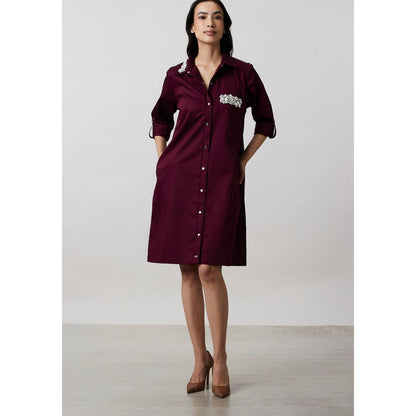 Pallavi Swadi Burgundy Collar Pocket Swarovski Shirt Dress