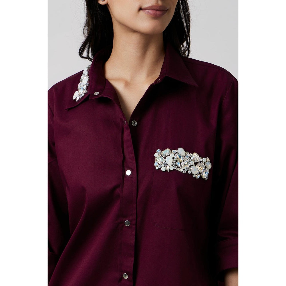 Pallavi Swadi Burgundy Collar Pocket Swarovski Shirt Dress