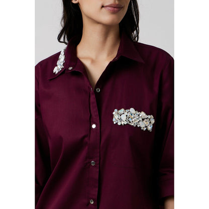 Pallavi Swadi Burgundy Collar Pocket Swarovski Shirt Dress