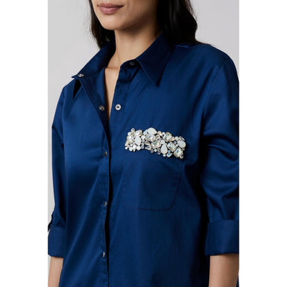 Pallavi Swadi Midnight Blue Pocket Swarovski Shirt Dress