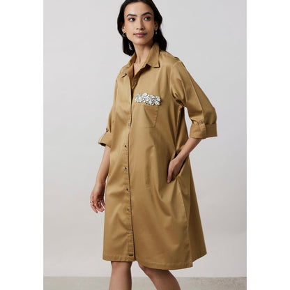 Pallavi Swadi Sand Collar Pocket Swarovski Shirt Dress