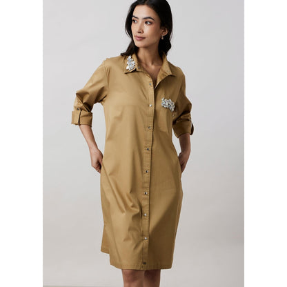 Pallavi Swadi Sand Collar Pocket Swarovski Shirt Dress