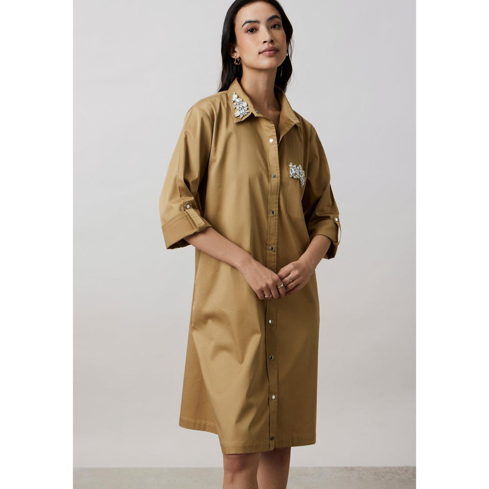 Pallavi Swadi Sand Collar Pocket Swarovski Shirt Dress
