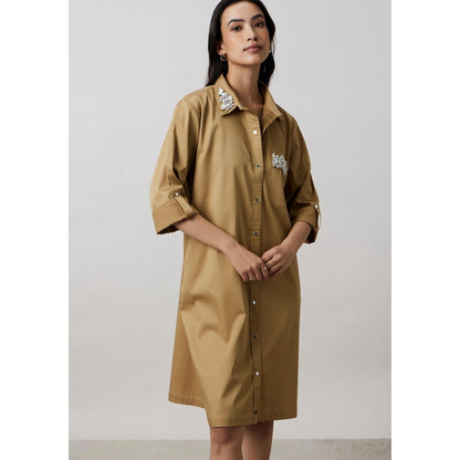 Pallavi Swadi Sand Collar Pocket Swarovski Shirt Dress