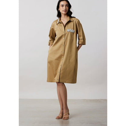 Pallavi Swadi Sand Collar Pocket Swarovski Shirt Dress