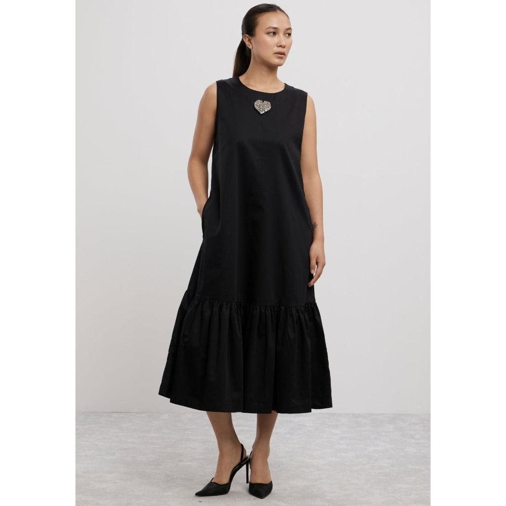 Pallavi Swadi Black Big Swarovski Heart Frill Dress Long
