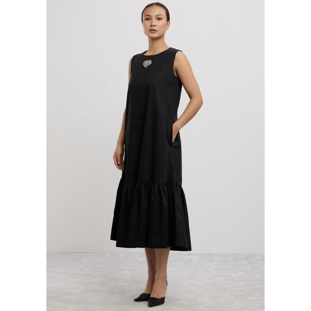 Pallavi Swadi Black Big Swarovski Heart Frill Dress Long