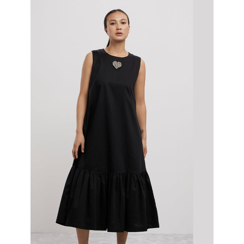 Pallavi Swadi Black Big Swarovski Heart Frill Dress Long