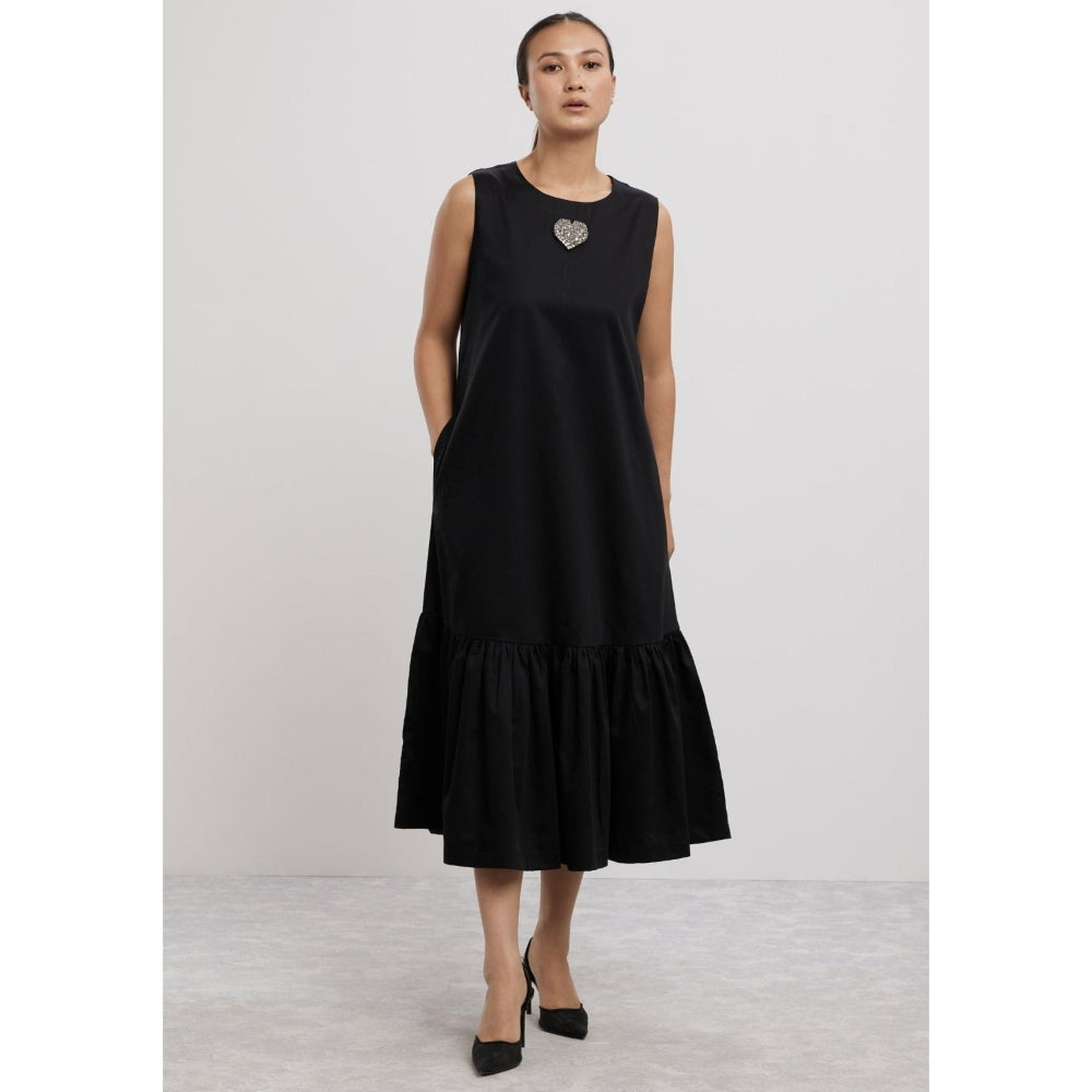 Pallavi Swadi Black Big Swarovski Heart Frill Dress Long