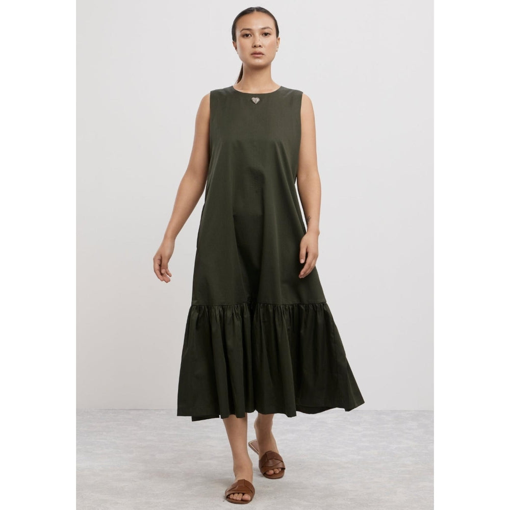 Pallavi Swadi Olive Frill Long Dress with Small Swarovski Heart